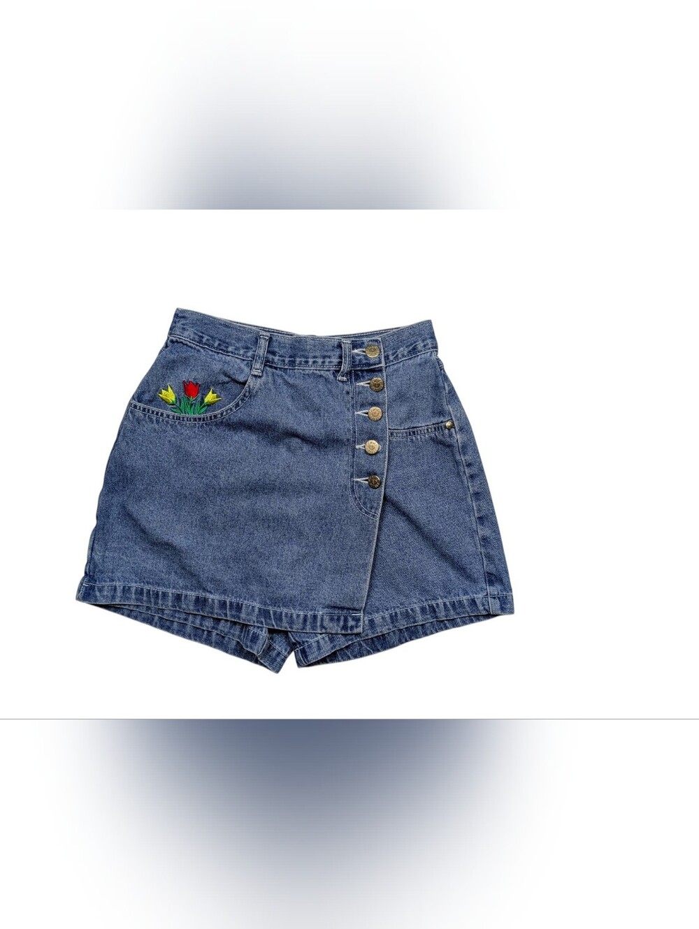 90s Femme Fatale Denim Tulip Embroidered Women's Skorts - Size Small